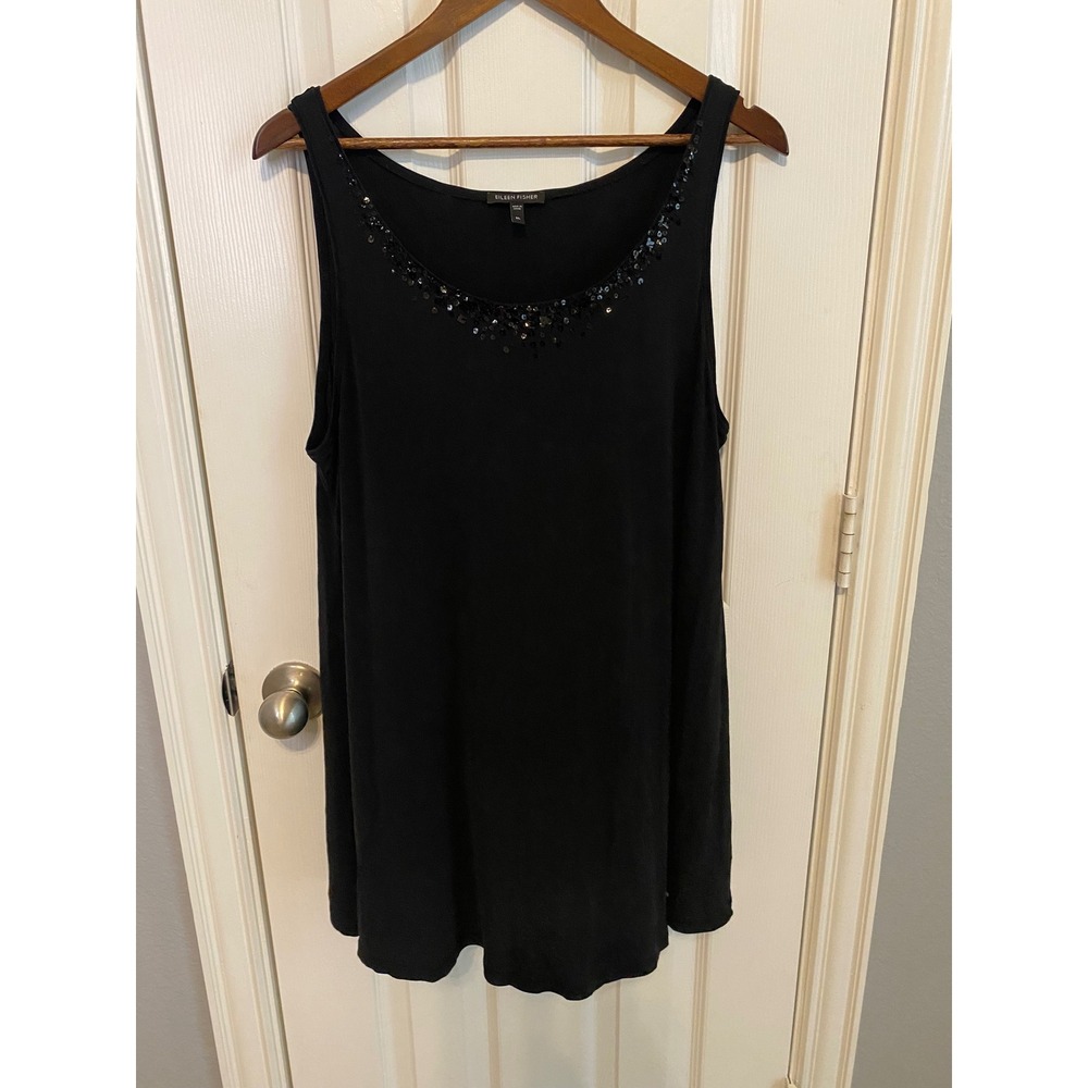 Eileen Fisher Black 100% Silk Sequin Scoop Neck Sleeveless Tunic Tank Top XL